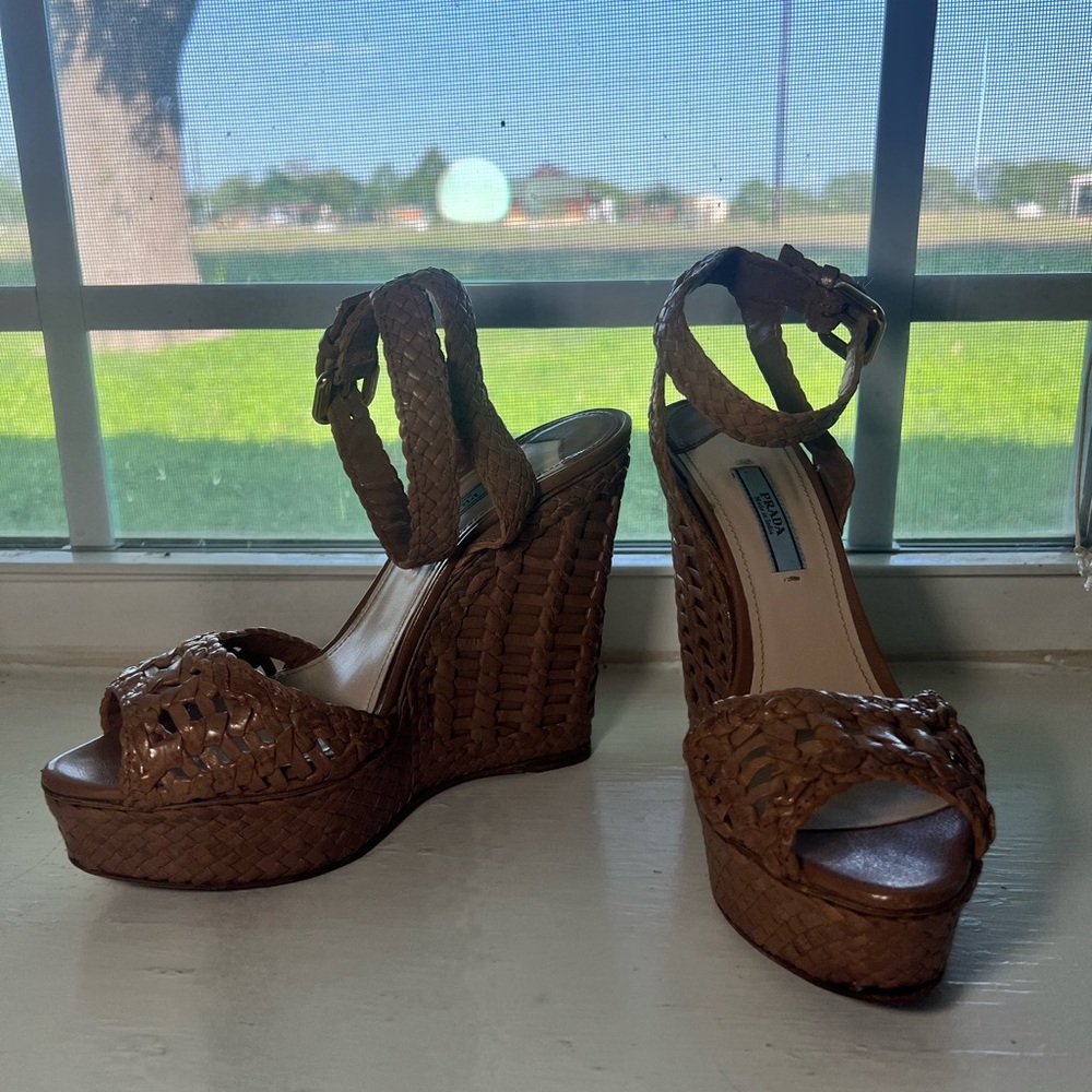Prada Brown Woven Leather Wedges